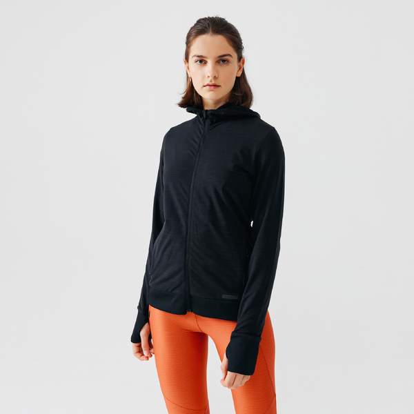 Куртка для бега с капюшоном женская черная RUN WARM Kalenji